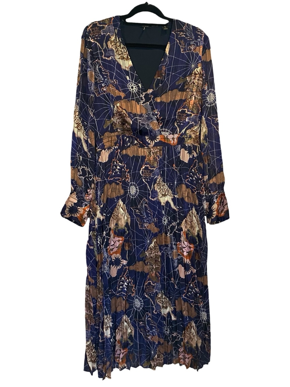 Scotch & Soda Size XL Navy Blue Map Print Pleated Midi Dress Long Sleeve EUC